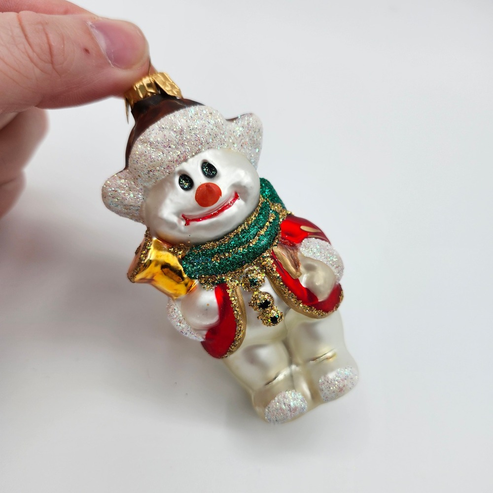 Glass Snowman Ornament with Bell and Red Jacket Glitter Christmas Tree‎ Decor